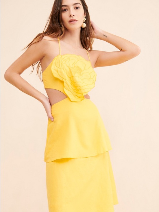 FARM Rio Dresses & Skirts - FARM Rio Yellow Cutout Halter Midi Dress Floral Appliqué Size L